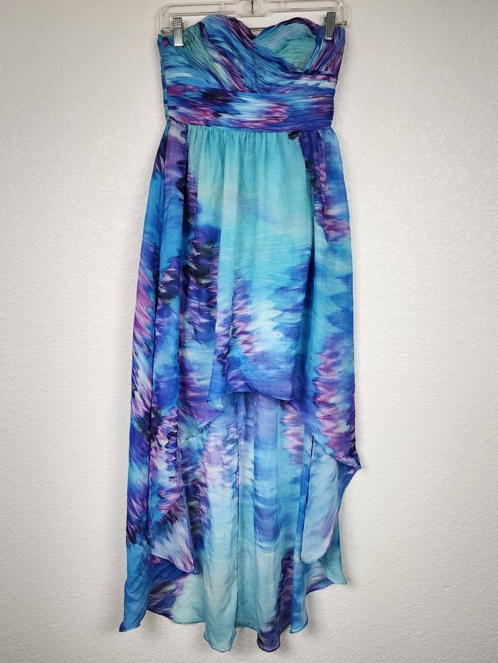 JS Boutique $199 Blue Watercolor High Low Strapless Dress